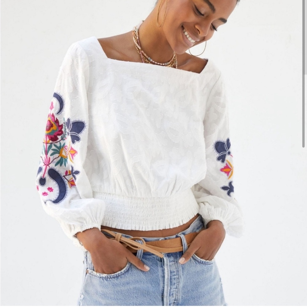 Anthropologie Size Small White Smocked Blouse with Embroidered Bishop Sleeves